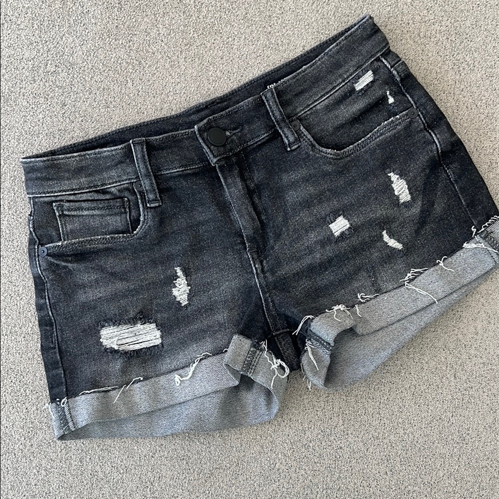 Distressed Black Denim Shorts